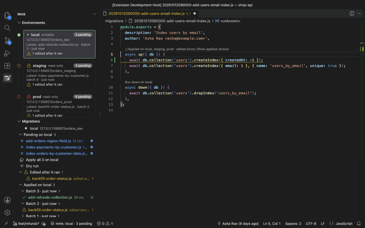 Typing in a migration that already ran on local, staging and prod: a warning on the changed line and in Problems, then the version that ran opened next to the edited file
