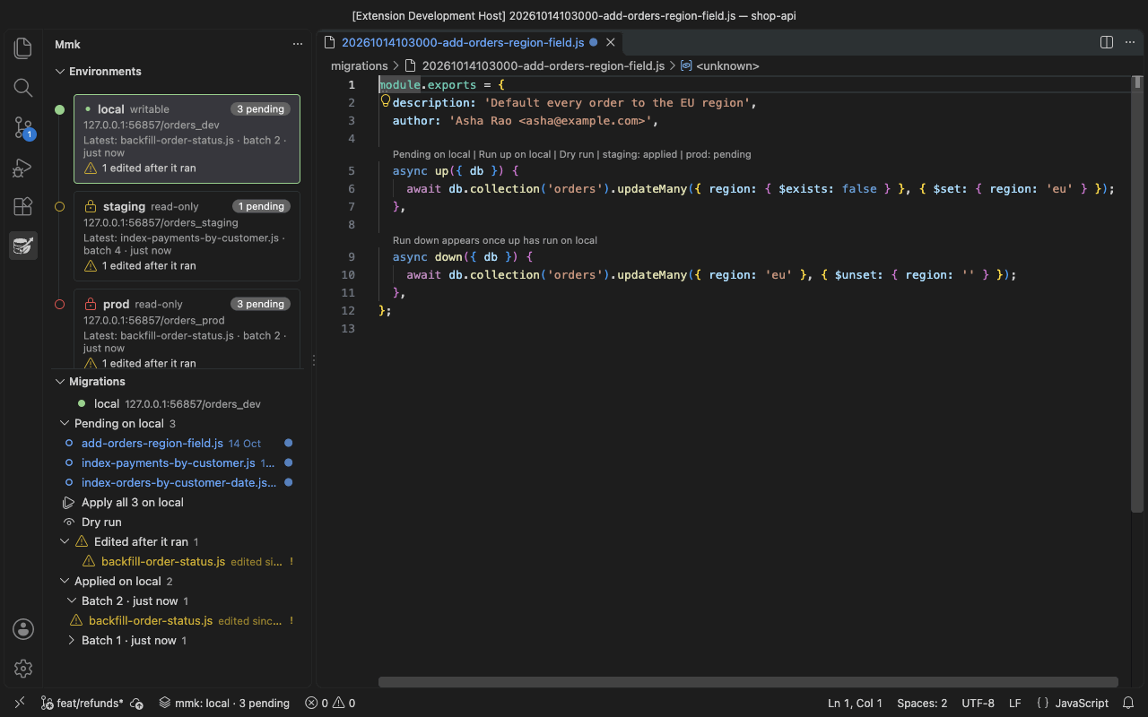 VS Code with the Mongo Migrate Kit sidebar: creating a migration from the + button, running it on local from the link above up(), and seeing it applied in batch 3